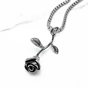 Men&#39;s &quot;SILVER ROSE&quot; Necklace| Men&#39;s Silver Stainless Steel Rose Pendant Necklace| Men&#39;s Silver Stainless Steel Box Chain Necklace