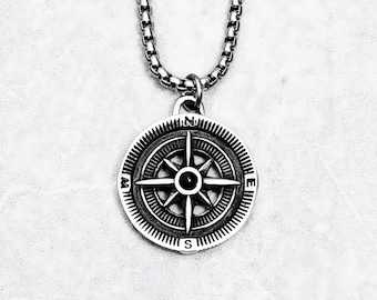 Men's "SILVER ONYX COMPASS" Necklace| Men's Silver Stainless Steel Onyx Stone Compass Pendant Necklace| Men's Silver Box Chain Necklace