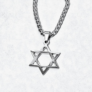 Men&#39;s &quot;SILVER STAR of DAVID&quot; Necklace| Men&#39;s Silver Stainless Steel Star of David Pendant Necklace| Mens Stainless Steel Box Chain Necklace