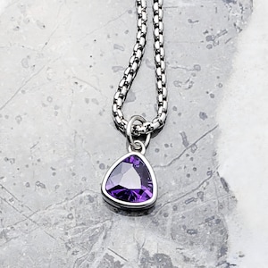 May include: A silver chain necklace with a triangular pendant featuring a purple amethyst gemstone.