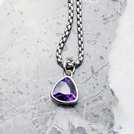 Men's SILVER MINI AMETHYST Necklace | Men's Lab Grown Amethyst Gemstone Silver Stainless Steel Pendant Necklace | Mens February Birthstone