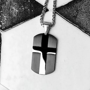 Men's BLACK CROSS TAG Necklace | Men's Black Silver Stainless Steel Cross Dog Tag Pendant Box Chain Necklace