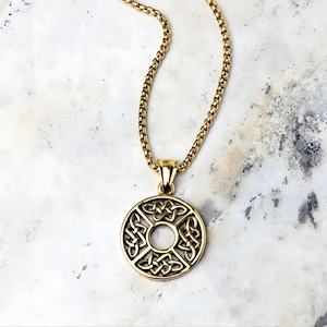Men&#39;s &quot;CELTIC DARA KNOT&quot; Necklace| Men&#39;s Gold Stainless Steel Celtic Dara Knot Ring Medallion Pendant Necklace| Mens Gold Chain Necklace