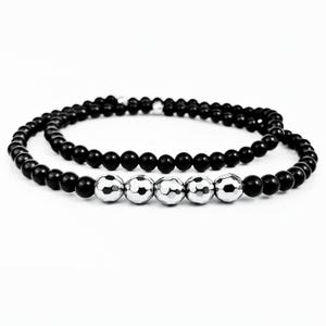 Men&#39;s ONYX HEMATITE WRAP Bracelet | Men&#39;s Black Onyx Silver Faceted Hematite Gemstone Double Wrap Beaded Stretch Bracelet