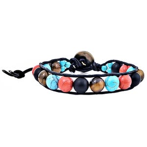 Men&#39;s &quot;MYKONOS CUFF&quot; Bracelet| Men&#39;s Tiger Eye Turquoise Red Howlite Black Onyx Gemstone Black Leather Cuff Bracelet| Men&#39;s Leather Wrap