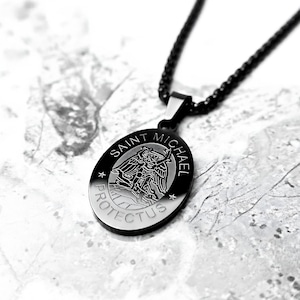 Men&#39;s &quot;ARCHANGEL MEDALLION&quot; Necklace| Men&#39;s Black Stainless Steel Saint Michael Archangel Pendant Necklace| Men&#39;s Black Box Chain Necklace