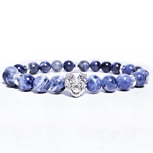 Men&#39;s &quot;PLATINUM BLUE LION&quot; Bracelet| Men&#39;s Pavé Cubic Zirconia Platinum Silver Lion Bracelet| Men&#39;s Sodalite Platinum Hematite Bead Bracelet