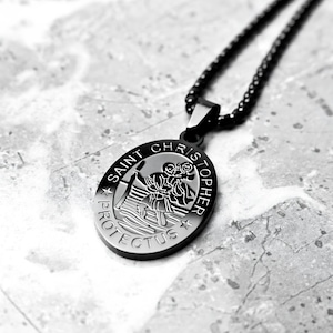 Men&#39;s &quot;SAINT CHRISTOPHER MEDALLION&quot; Necklace| Men&#39;s Black Stainless Steel Saint Christopher Necklace| Men&#39;s Black Box Chain Necklace