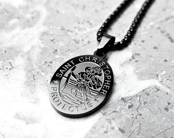 Men&#39;s &quot;SAINT CHRISTOPHER MEDALLION&quot; Necklace| Men&#39;s Black Stainless Steel Saint Christopher Necklace| Men&#39;s Black Box Chain Necklace