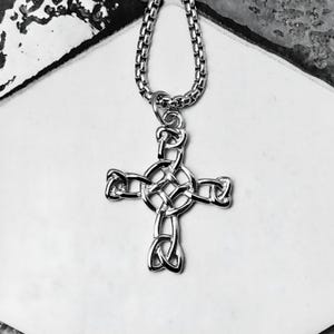 Men&#39;s SILVER CELTIC CROSS Necklace | Men&#39;s Silver Stainless Steel Celtic Knot Cross Pendant Box Chain Necklace