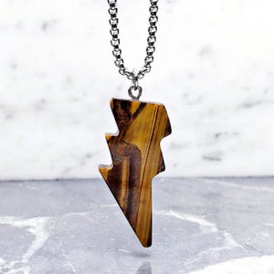 Men&#39;s &quot;STONE THUNDER & LIGHTNING&quot; Necklace| Men&#39;s Tiger Eye Gemstone Lightning Bolt Pendant Necklace| Men&#39;s Silver Box Chain Necklace