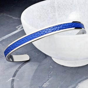Men&#39;s &quot;BLUE LEATHER CUFF&quot; Bracelet| Men&#39;s Silver Stainless Steel Blue Leather Inlay Cuff Bracelet| Men&#39;s Blue Leather Cuff Bracelet