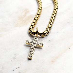 Men&#39;s &quot;GOLD PAVÉ CROSS&quot; Necklace| Men&#39;s Gold Stainless Steel Pavé Cubic Zirconia Mini Cross Pendant Necklace| Men&#39;s Gold Box Chain Necklace