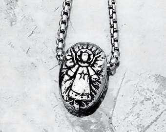 Men's GUARDIAN ANGEL AMULET Necklace| Men's Silver Stainless Steel Rustic Guardian Angel Amulet Pendant Box Chain Necklace