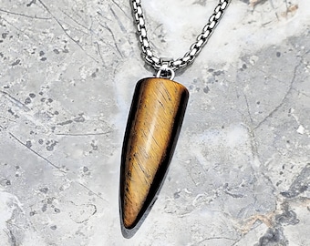 Men's TIGER EYE POINT Pendant Necklace | Men's Tiger Eye Stone Point Pendant Necklace | Men's Silver Stainless Steel Box Chain Necklace