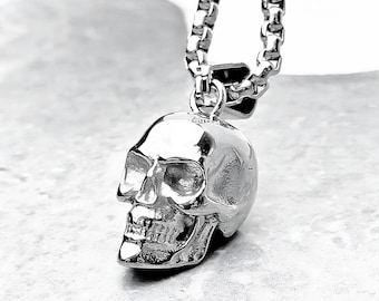 Collar rústico de calavera para hombre / Collar con colgante de calavera rústica de acero inoxidable plateado y dorado para hombre con cadena tipo caja