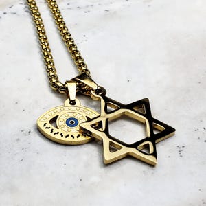 Men&#39;s &quot;STAR of DAVID PROTECTION&quot; Necklace| Men&#39;s Gold Stainless Steel Star of David Evil Eye Pendant Necklace| Mens Gold Box Chain Necklace
