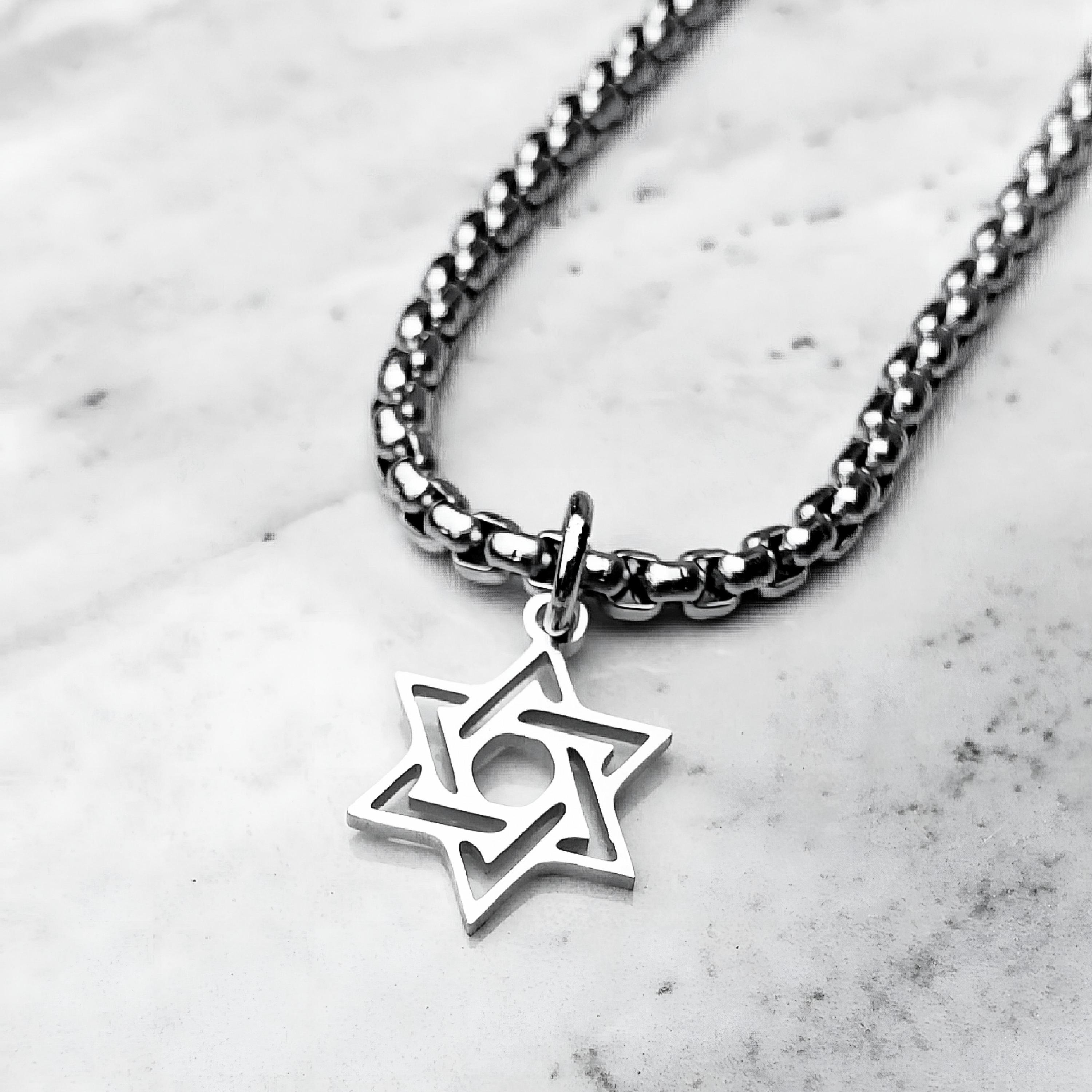 Men's "DECO STAR of DAVID" Necklace| Men's Silver Stainless Steel Deco Star of David Coin Pendant Necklace| Men's Silver Box Chain Necklace