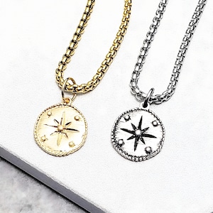 Men's "NORTH STAR COIN" Necklace| Men's Silver Gold Pewter North Star Coin Pendant Necklace| Men's Silver Stainless Steel Box Chain Necklace