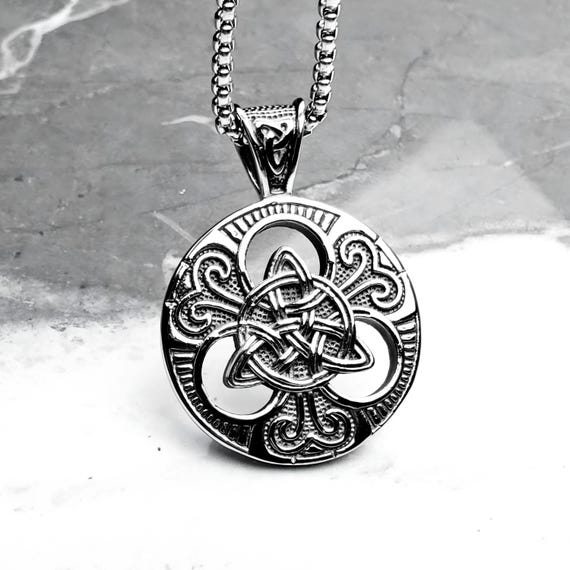 Men's CELTIC KNOT MEDALLION Necklace | Men's Silver Stainless Steel Celtic Knot Medallion Pendant Box Chain Necklace