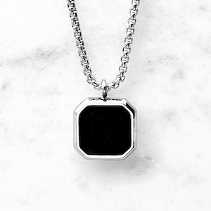 Men&#39;s &quot;BLACK ONYX AMULET&quot; Necklace| Men&#39;s Silver Stainless Steel Black Onyx Octagon Inlay Square Pendant Necklace| Men&#39;s Chain Necklace