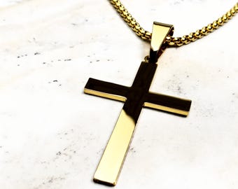 Men's GOLD CROSS Necklace | Men's Gold Stainless Steel Cross Pendant Box Chain Necklace