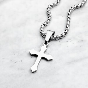 Men&#39;s &quot;SLEEK SILVER CROSS&quot; Necklace| Men&#39;s Silver Stainless Steel Cross Pendant Necklace| Men&#39;s Silver Stainless Steel Box Chain Necklace
