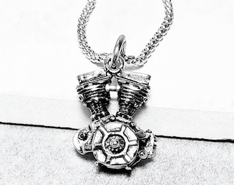 Men's MINI MOTORCYCLE ENGINE Necklace | Men's Silver Stainless Steel Mini Motorcycle Engine Pendant Box Chain Necklace