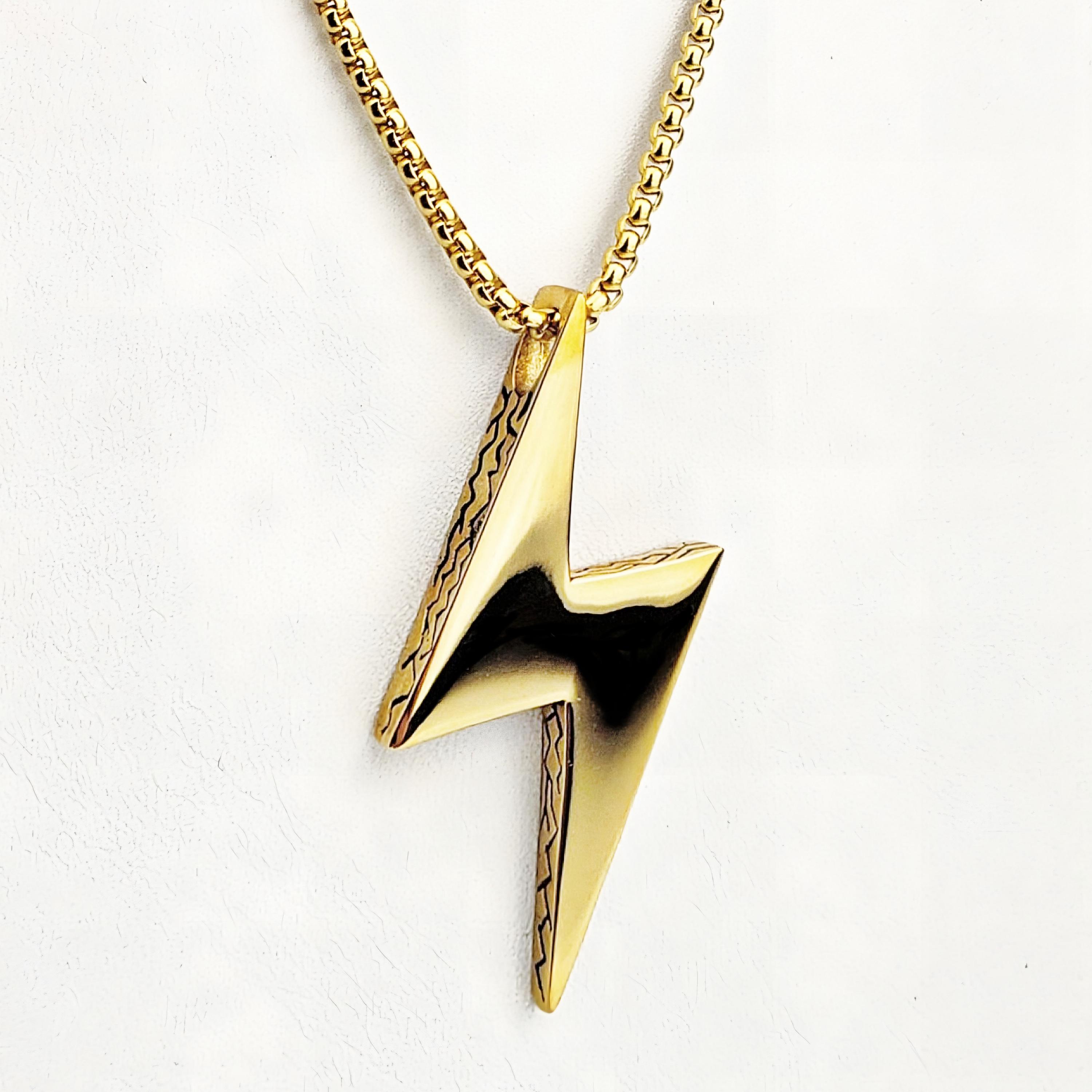 Men's THUNDER LIGHTNING Necklace Men's Gold Stainless Steel Lightning  Bolt Pendant Box Chain Necklace