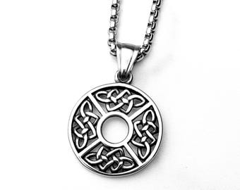 Men's "CELTIC DARA KNOT" Necklace| Men's Silver Stainless Steel Celtic Dara Knot Ring Medallion Pendant Necklace| Mens Silver Chain Necklace