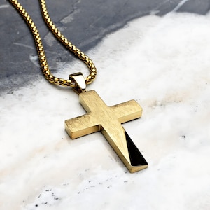 Men&#39;s &quot;RUSTIC GOLD CROSS&quot; Necklace| Men&#39;s Rustic Gold Stainless Steel Cross Pendant Necklace| Men&#39;s Gold Stainless Steel Box Chain Necklace