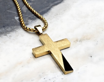 Men's RUSTIC GOLD CROSS Necklace | Men's Rustic Gold Stainless Steel Cross Pendant Box Chain Necklace