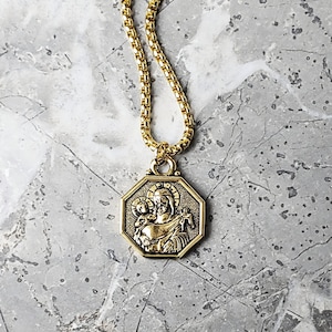 Men&#39;s &quot;SAINT CHRISTOPHER COIN&quot; Necklace| Men&#39;s Gold Stainless Steel Saint Christopher Coin Pendant Necklace| Mens Gold Box Chain Necklace