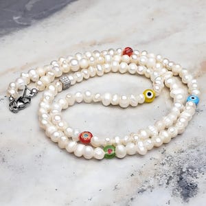 Men&#39;s &quot;EVIL EYE PEARLS&quot; Necklace| Men&#39;s Multicolored Millefiori Freshwater Pearls Bead Necklace| Men Evil Eye Freshwater Pearl Necklace