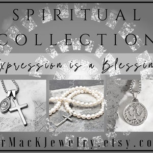 May include: Image showcasing items from the Spiritual Collection. Includes a silver cross pendant, an eye pendant, a pearl necklace with a cross, and a round pendant with a winged figure. Text reads "Expression is a Blessing."