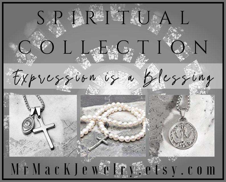 May include: Image showcasing items from the Spiritual Collection. Includes a silver cross pendant, an eye pendant, a pearl necklace with a cross, and a round pendant with a winged figure. Text reads "Expression is a Blessing."
