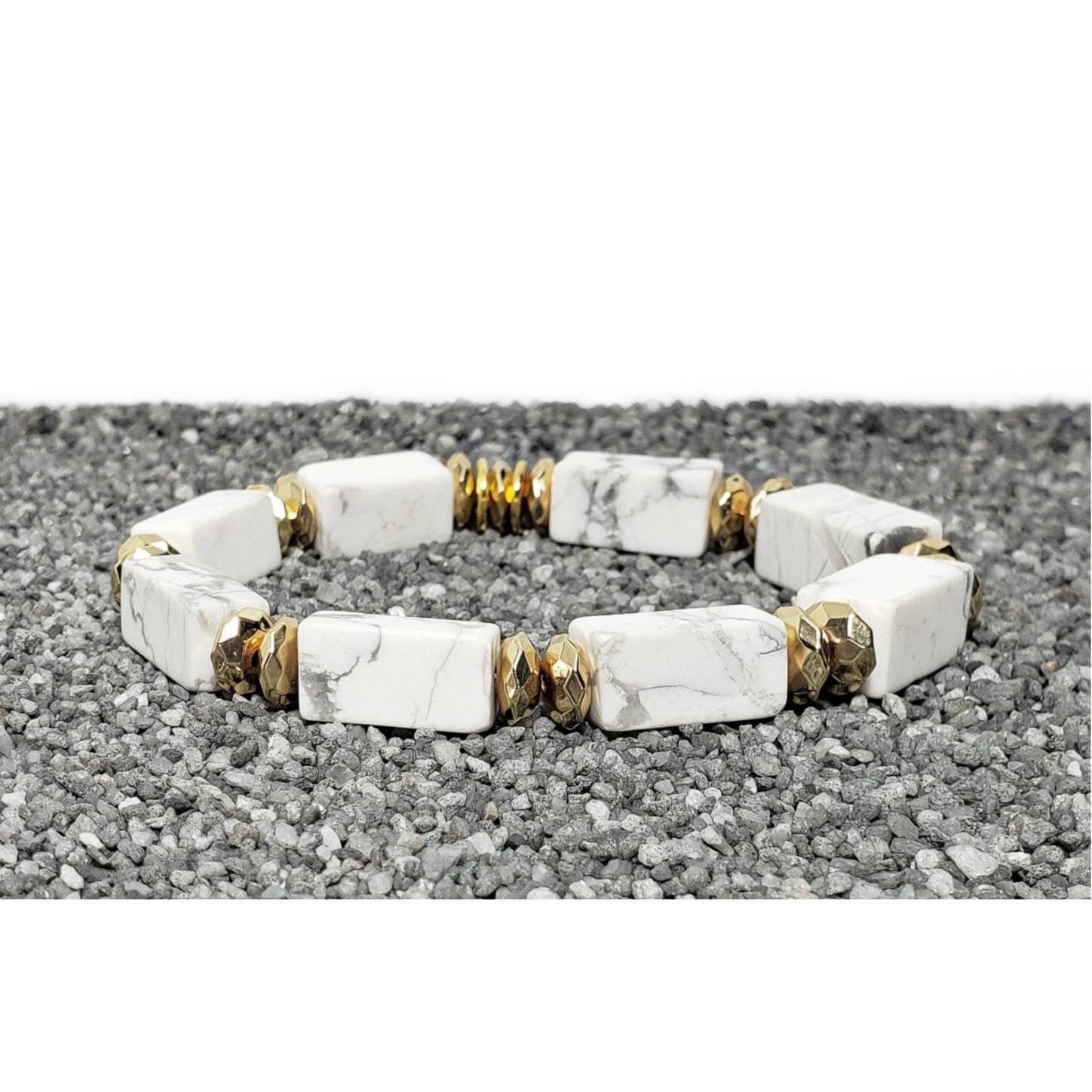 White Marble Howlite Stone Bead Bracelet with Bronze Bar and Spacers - 10mm