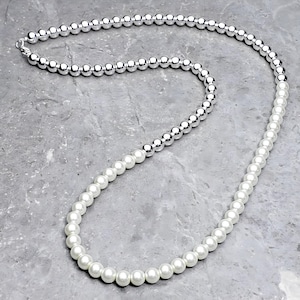 Men&#39;s &quot;PLATINUM & PEARLS&quot; Necklace| Men&#39;s Platinum Silver Hematite Ivory Shell Pearls Gemstone Necklace| Men&#39;s Silver Pearl Beaded Necklace