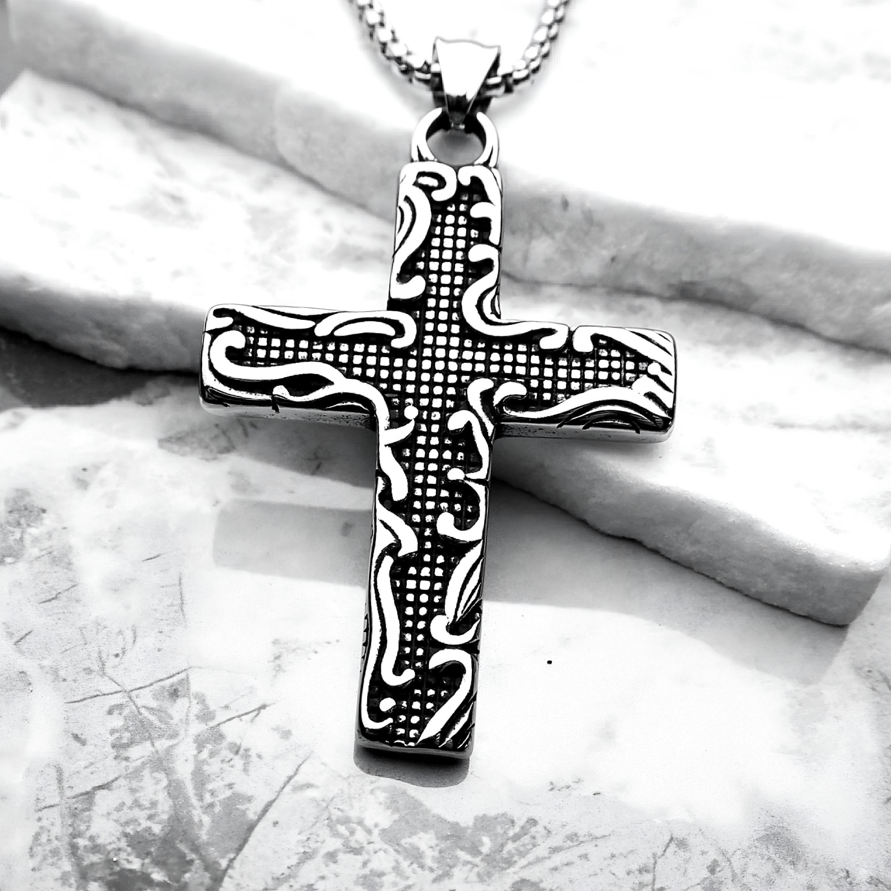 Men's WAVES CROSS Necklace | Men's Silver Stainless Steel Waves Cross Pendant Box Chain Necklace