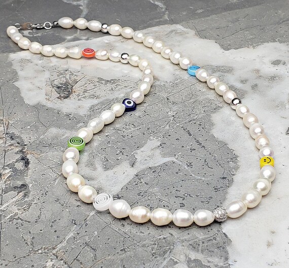 Men s smiley FACE Pearls Necklace Men s Multicolor Millefiori