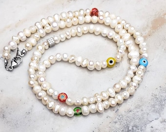 Men's "EVIL EYE PEARLS" Necklace| Men's Multicolored Millefiori Freshwater Pearls Bead Necklace| Men Evil Eye Freshwater Pearl Necklace