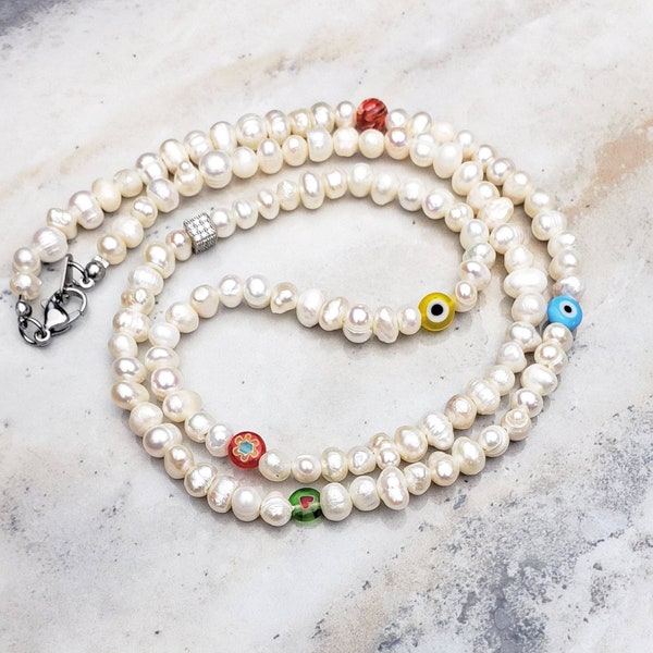 Men's "EVIL EYE PEARLS" Necklace| Men's Multicolored Millefiori Freshwater Pearls Bead Necklace| Men Evil Eye Freshwater Pearl Necklace