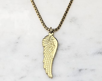 Naszyjnik męski ANGELIC WARRIOR WING | Złoty naszyjnik męski ze stali nierdzewnej z wisiorkiem w kształcie skrzydła anioła wojownika