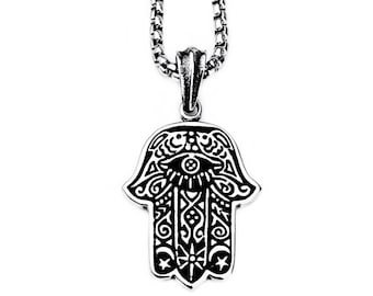 Men's HAMSA PROTECTION EYE Necklace | Men's Silver Stainless Steel Hamsa Evil Eye Pendant Box Chain Necklace