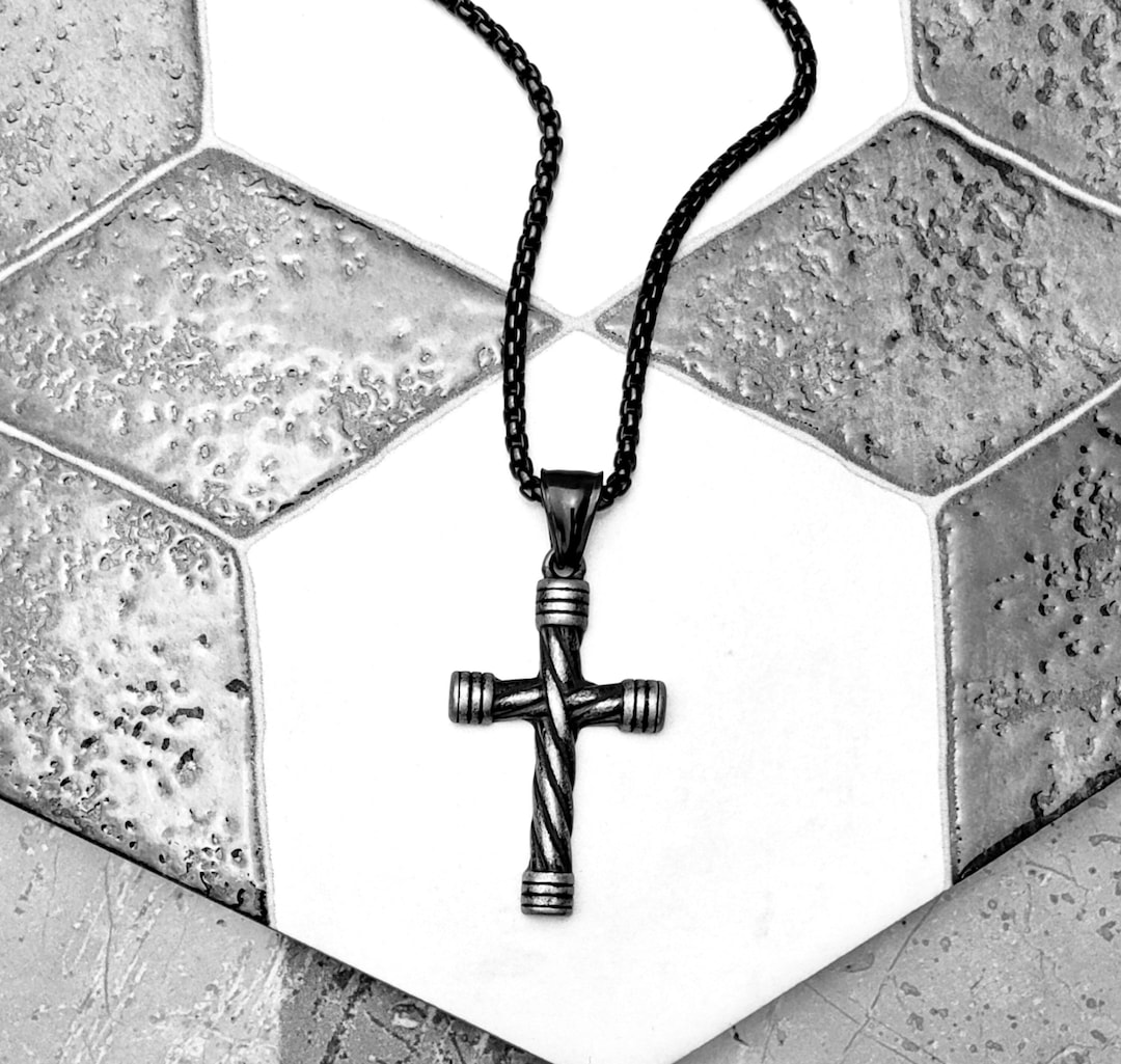 Men's rustic TWISTED Cross Necklace Men's Oxidized Silver Black