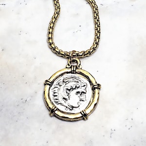Men&#39;s &quot;GREATNESS&quot; Necklace| Men&#39;s Gold & Silver Stainless Steel Alexander the Great Greek Coin Pendant Necklace| Men Gold Box Chain Necklace