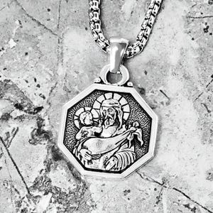 Men&#39;s &quot;SAINT CHRISTOPHER AMULET&quot; Necklace| Men&#39;s Silver Stainless Steel Saint Christopher Amulet Pendant Necklace| Mens Chain Necklace