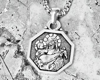 Men's SAINT CHRISTOPHER AMULET Necklace | Men's Silver Stainless Steel Saint Christopher Hexagon Coin Amulet Pendant Box Chain Necklace