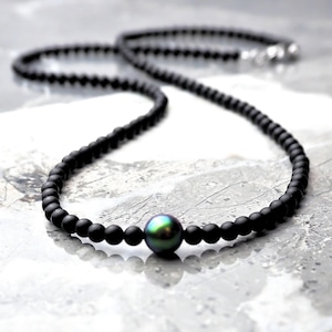 Men&#39;s EMERALD PEARL & ONYX Necklace | Men&#39;s Swarovski Emerald Green Pearl Matte Black Onyx Gemstones Beaded Necklace