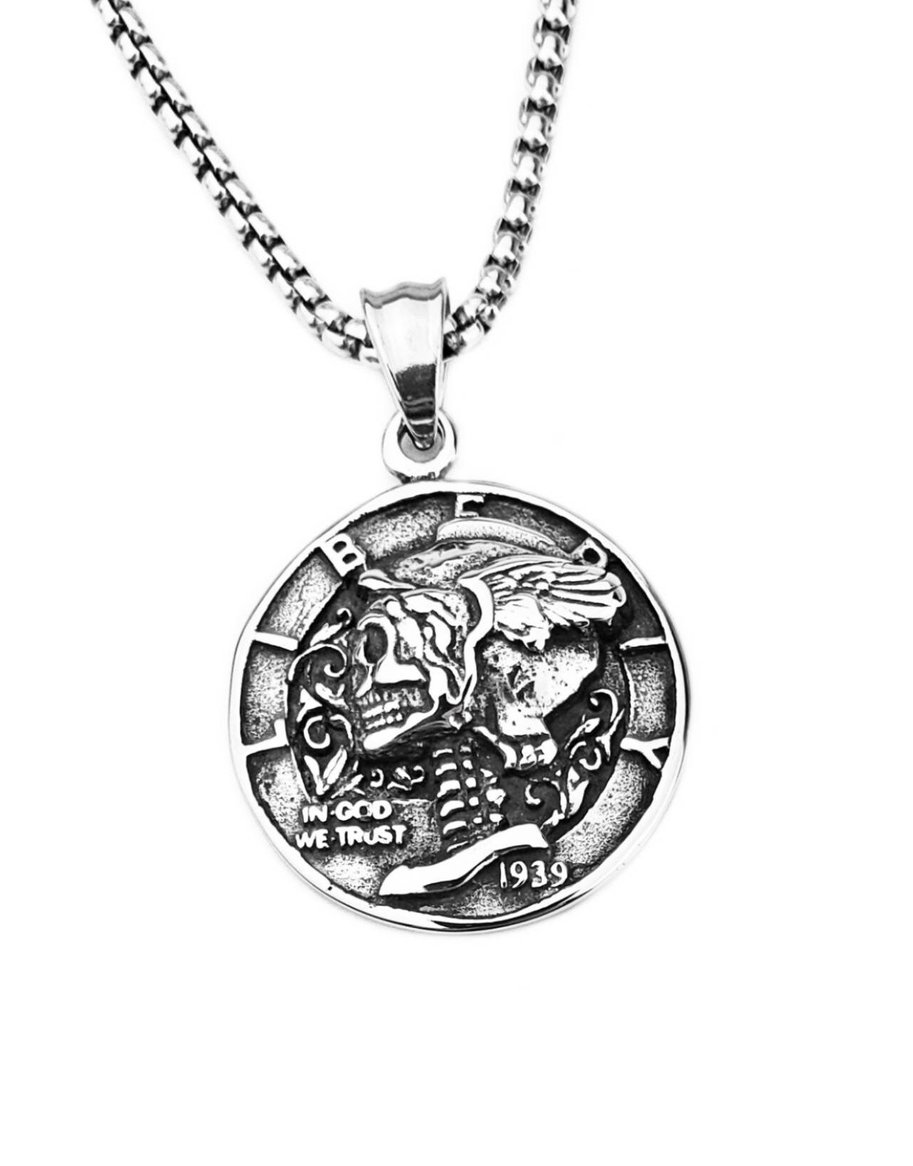 Men's SKULL LIBERTY COIN Necklace | Men's Silver Stainless Steel Skull ...
